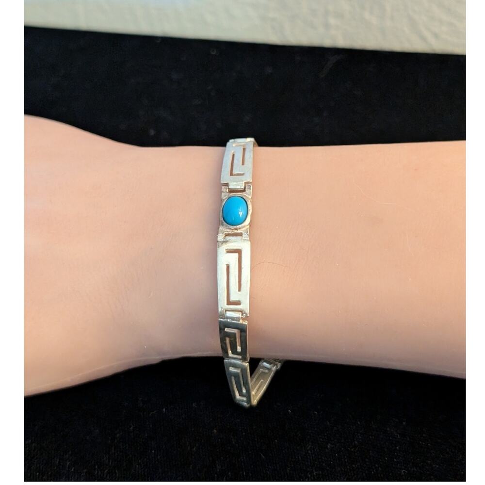 925 Sterling Silver Turquoise Graduated Greek Key Bracelet